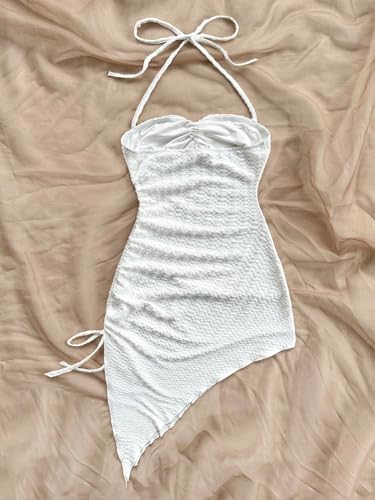 Women's Mini Sexy Dress 2025 Summer Sleeveless Neck Drawstring Asymmetrical Hem Dress
