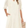 Women's 2025 Summer Short Sleeve Mini Dress V Neck Ruffle Hollow Out Eyelet Lace Dresses