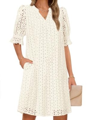 Women's 2025 Summer Short Sleeve Mini Dress V Neck Ruffle Hollow Out Eyelet Lace Dresses