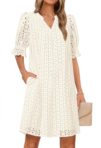 Women's 2025 Summer Short Sleeve Mini Dress V Neck Ruffle Hollow Out Eyelet Lace Dresses
