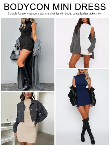 Women's Sexy Summer Casual Mock Neck Sleeveless Bodycon Dresses Ruched Turtleneck Cocktail Party Mini Dress