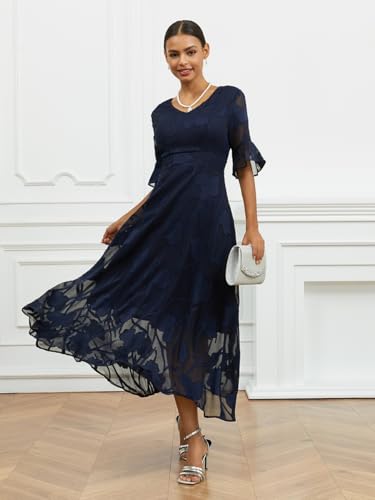 Summer Maxi Dresses for Women 2025 Casual Flutter Sleeve V Neck Cocktail Dress Smocked Elegant Ruffle A-Line Flowy Lace Dress