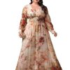 Spring Summer 2024 Plus Size Womens Dresses V Neck Casual Elegant Long Sleeve Floral Print Formal Maxi Dress