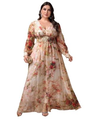 Spring Summer 2024 Plus Size Womens Dresses V Neck Casual Elegant Long Sleeve Floral Print Formal Maxi Dress