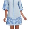 Women Mini Dress Summer 3/4 Puff Sleeves Embroidery Floral Tunic Mini Dress V Neck Loose Zip Party Dresses