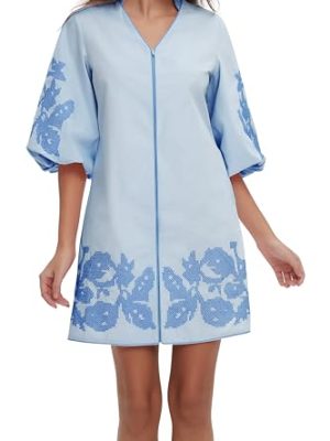 Women Mini Dress Summer 3/4 Puff Sleeves Embroidery Floral Tunic Mini Dress V Neck Loose Zip Party Dresses