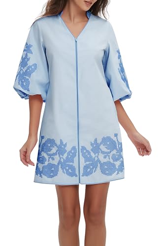 Women Mini Dress Summer 3/4 Puff Sleeves Embroidery Floral Tunic Mini Dress V Neck Loose Zip Party Dresses