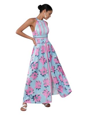 Women's High Split Satin Dress Backless Elegant Wedding Guest Halter Neck Sleeveless Floral Summer Maxi Dresses