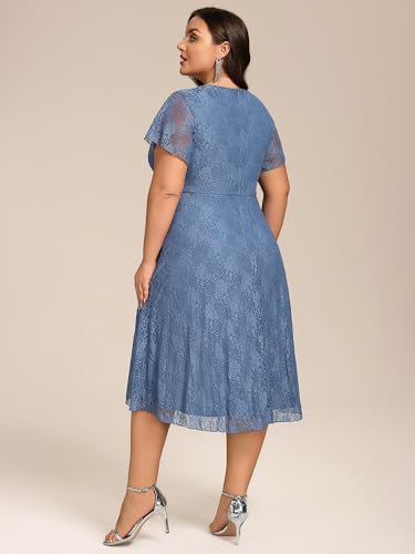 Women's Summer V Neck Short Ruffles Sleeves Lace Midi Plus Size Cocktail Party Formal Dresses