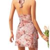 Women's Floral Print Sleeveless Halter Deep V Tie Mini Dress Ruched Backless Slim Fit Cami Dresses Knot Boho Dress