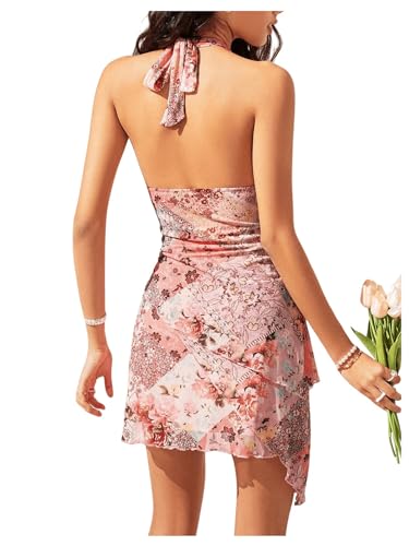 Women's Floral Print Sleeveless Halter Deep V Tie Mini Dress Ruched Backless Slim Fit Cami Dresses Knot Boho Dress