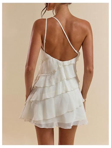 Women's One Shoulder Ruffle Mesh Mini Dress Layered Backless Vacation Party Sundresses