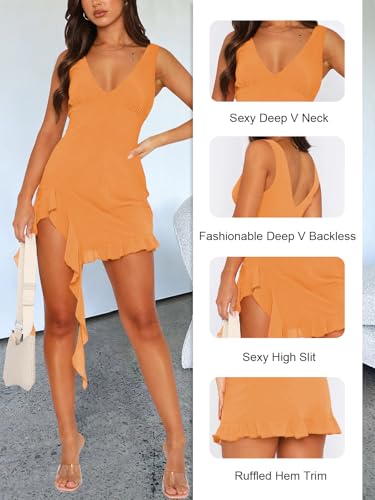 Women Sleeveless Sexy V Neck Bodycon Mini Dress Summer Side Slit Mesh Irregular Ruffle Hem Backless Short Dress
