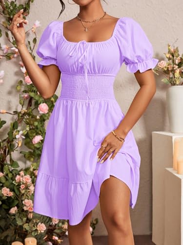 Women's Boho 2025 Summer Mini Dress, Square Neck Ruched Ruched Hem Elegant Dress