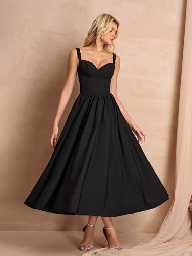 Summer Corset Midi Dress Formal Flowy A Line Lace Spaghetti Strap Wedding Guest Dresses for Women Sundress with Pockets