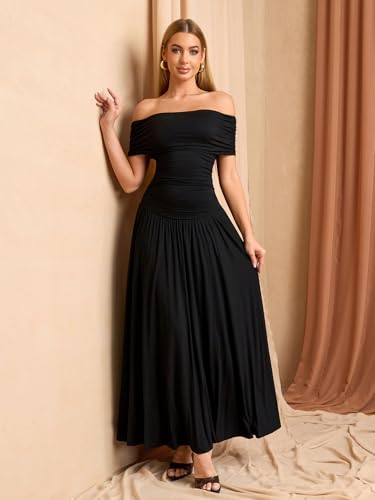 Off The Shoulder Maxi Dress for Women Summer Ruched Bodycon Pleated Flowy Formal Wedding Guest Long Dresses