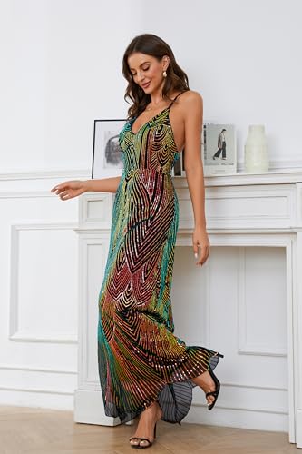 Women's V Neck Spaghetti Straps Sequin Sparkly Glitter Irregular Hem Prom Dress Bcakless Maxi Evening Gowns