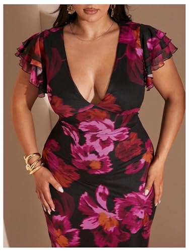 Women's Plus Size Floral Maxi Dress V Neck Ruffle Short Sleeve Bodycon Vacation Mesh Dresses