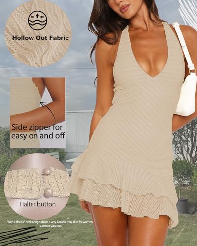 Women's Summer Dresses 2025 Sexy Halter V Neck Backless Hollow Out Ruffle Bodycon Cocktail Party Vacation Mini Dress