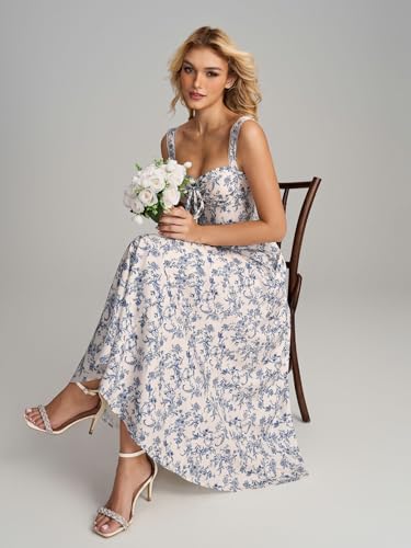 Floral Corset Midi Dresses for Women 2025 Lace Up Flowy Summer Wedding Guest Dress with Pockets