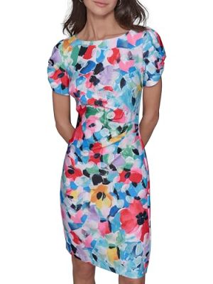 Women's Short Ruched Sleeve Jewel Neck Sheath Mini Dress