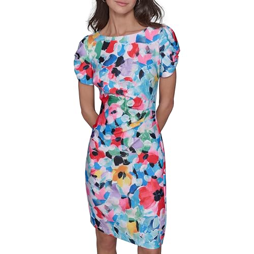 Women's Short Ruched Sleeve Jewel Neck Sheath Mini Dress