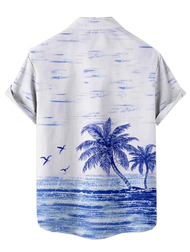 Couple Matching Hawaiian Outfits Coconut Tree Seagull Print Cami Dress or Men's Short Sleeve Button Up Shirt