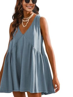 Womens Summer Sleeveless Mini Dress Casual Loose V Neck Sundress with Pockets