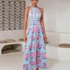 Women's High Split Satin Dress Backless Elegant Wedding Guest Halter Neck Sleeveless Floral Summer Maxi Dresses