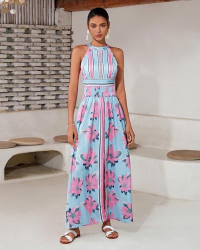 Women's High Split Satin Dress Backless Elegant Wedding Guest Halter Neck Sleeveless Floral Summer Maxi Dresses