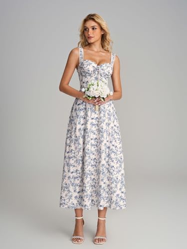 Floral Corset Midi Dresses for Women 2025 Lace Up Flowy Summer Wedding Guest Dress with Pockets