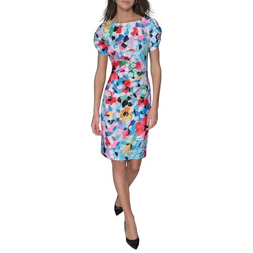 Women's Short Ruched Sleeve Jewel Neck Sheath Mini Dress