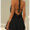 Women's Halter Mini Dress Deep V Neck Draped Ruffle Hem Backless Sleeveless Party Dresses