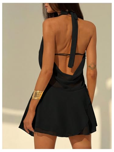 Women's Halter Mini Dress Deep V Neck Draped Ruffle Hem Backless Sleeveless Party Dresses