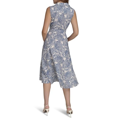 Women's Sleeveless Collared Button Front Tie Waist Midi Shirt Dress