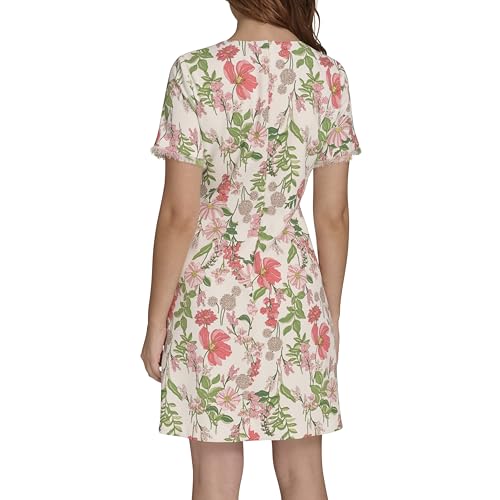 Women's Pleated Trim Short Sleeve High Neck Shift Mini Dress