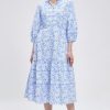 Women V-Neck Floral Maxi Dress Elegant Printed Button Down Puff Sleeve Tiered A-Line Flowy Party Long Dress with Pocket