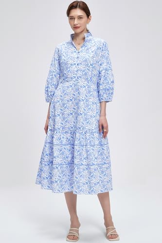 Women V-Neck Floral Maxi Dress Elegant Printed Button Down Puff Sleeve Tiered A-Line Flowy Party Long Dress with Pocket