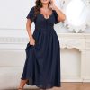 Women's Plus Size Lace Maxi Dress Short Sleeve V Neck Flowy Empire Waist Smocked Back Wedding Guest Dress