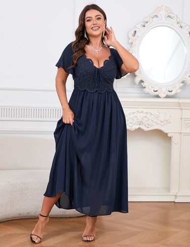 Women's Plus Size Lace Maxi Dress Short Sleeve V Neck Flowy Empire Waist Smocked Back Wedding Guest Dress