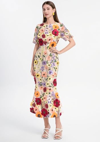 41tlSGIzr0L.jpg Women's 3D Floral Short Sleeves Crew Neck Fishtail Mesh Embroidery Party Cocktail Maxi Dress
