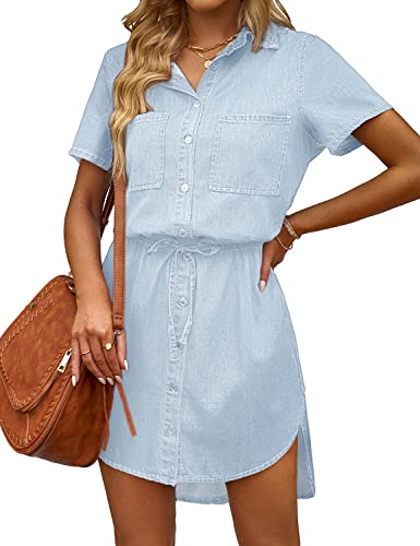 Women Casual Denim Dress Short Sleeve Tie Waist Classic Jean Shirt Dress