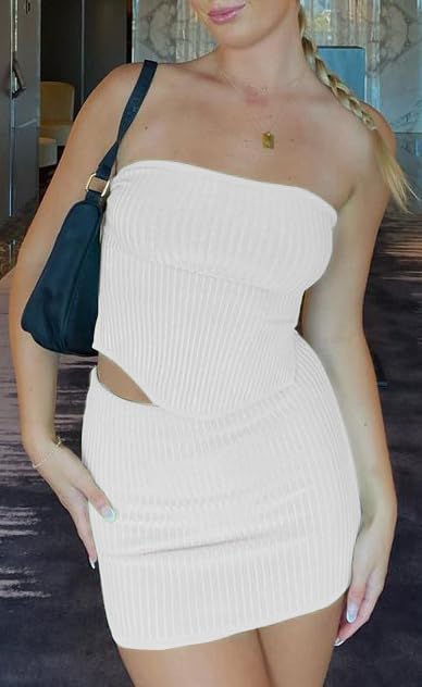 Womens Sexy Summer Two Piece Outfits Bandeau Going Out Crop Tops Bodycon Skirt Sets Mini Dress