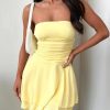 Women Sexy Tube Top Silk Dress Strapless Ruched Waist Ruffle Tiered Layer Mini Dress Party Short Dresses