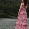 Women's Bohemian Summer Floral Printed Ruffle Pleated Halter Dress Beach Vacation Cute Pink Dresses