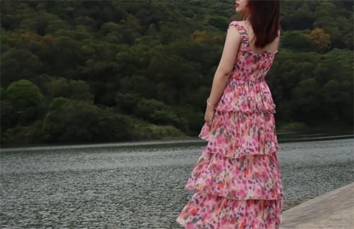 Women's Bohemian Summer Floral Printed Ruffle Pleated Halter Dress Beach Vacation Cute Pink Dresses