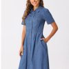 Denim Dress for Women's Collared Short Sleeve A-Line Button Up Jean Midi Dresses