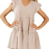 Women's Summer Ruffle Sleeve Flowy Babydoll Mini Dress Casual V Neck Tie Back A Line Tiered Short Dress with Pocket