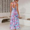 Women's High Split Satin Dress Backless Elegant Wedding Guest Halter Neck Sleeveless Floral Summer Maxi Dresses