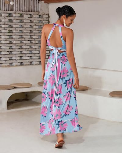 Women's High Split Satin Dress Backless Elegant Wedding Guest Halter Neck Sleeveless Floral Summer Maxi Dresses